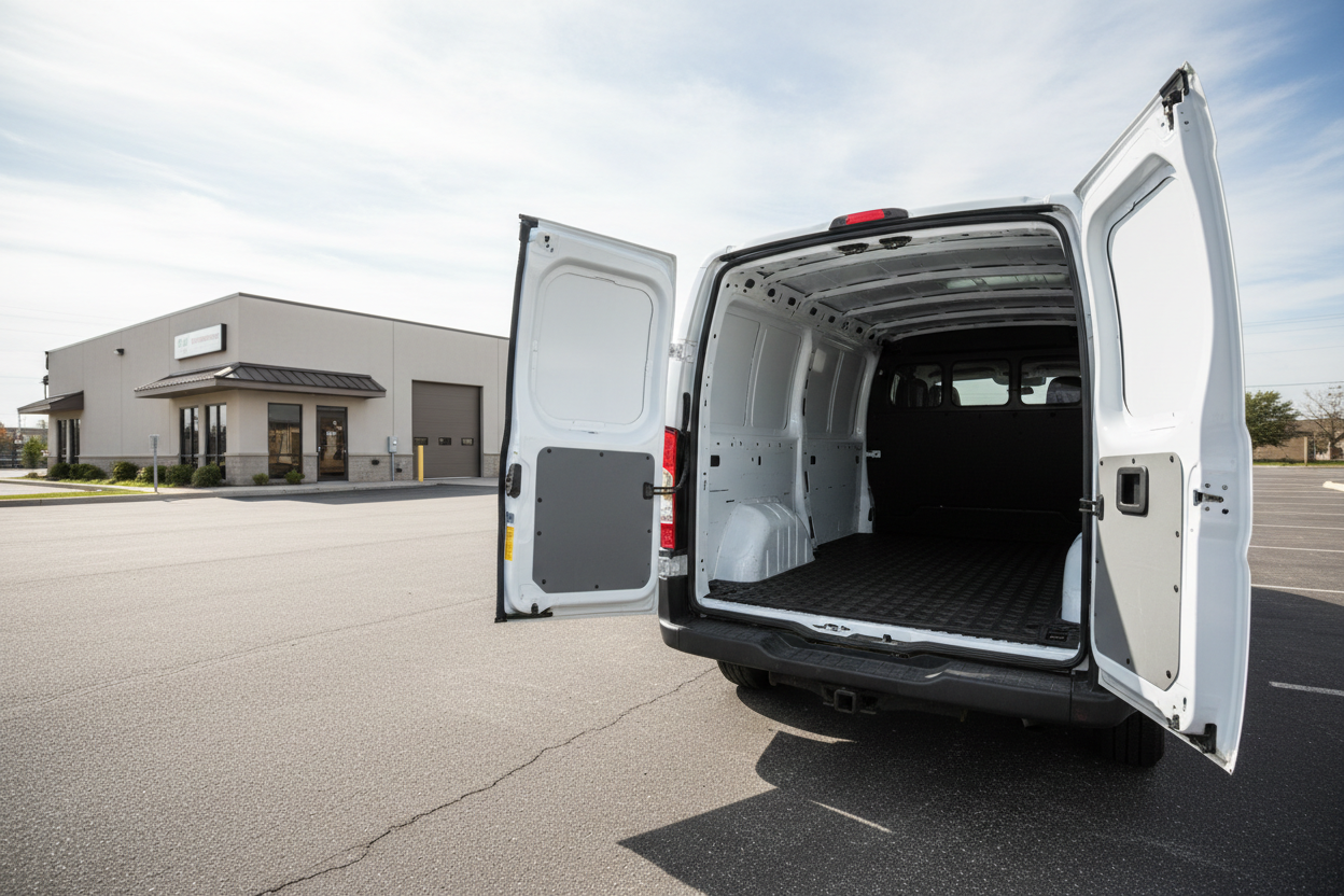 Utilitaire vu de trois quart arrière droit avec les porte ouvertes. On voit, à l'intérieur de cette utilitaire à travers les portes une grille en plastique noir posée au sol. Le camion est positionné dans le tiers droit de l'image le reste étant occupé par l'environnement dans lequel se trouve le camion. L'environnement est un parking devant une entreprise d'électricien artisan.